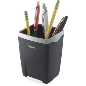 Fellowes+Office+Suites+Pencil+Cup+-+4.3%26quot%3B+x+3.1%26quot%3B+x+3.1%26quot%3B+x+-+1+Each+-+Black%2C+Silver