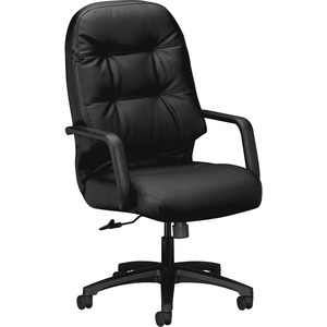 HON Pillow-Soft Executive Chair - Black Leather Seat - Fiber Back - Black Steel Frame - 5-star Base - Black - 1 Each