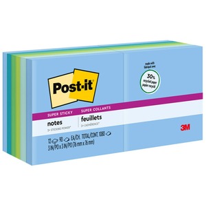 Post-it%C2%AE+Super+Sticky+Recycled+Notes+-+Oasis+Color+Collection+-+1080+-+3%26quot%3B+x+3%26quot%3B+-+Square+-+90+Sheets+per+Pad+-+Unruled+-+Washed+Denim%2C+Fresh+Mint%2C+Limeade%2C+Lucky+Green%2C+Sea+Glass+-+Paper+-+Self-adhesive+-+12+%2F+Pack+-+Recycled
