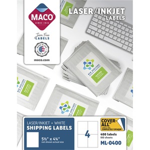 MACO+White+Laser%2FInk+Jet+Shipping+Label+-+5+1%2F2%26quot%3B+Width+x+4+1%2F4%26quot%3B+Length+-+Rectangle+-+Laser%2C+Inkjet+-+White+-+4+%2F+Sheet+-+400+%2F+Box+-+Lignin-free