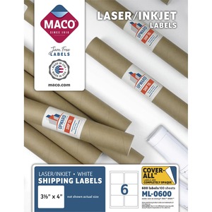 Maco+Laser+Printer+White+Shipping+Labels+-+3+21%2F64%26quot%3B+Width+x+4%26quot%3B+Length+-+Rectangle+-+Laser%2C+Inkjet+-+White+-+6+%2F+Sheet+-+Lignin-free+-+600+%2F+Box