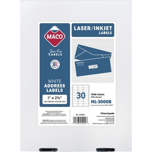 MACO+White+Laser%2FInk+Jet+Address+Label+-+1%26quot%3B+Width+x+2+5%2F8%26quot%3B+Length+-+Permanent+Adhesive+-+Rectangle+-+Laser%2C+Inkjet+-+White+-+30+%2F+Sheet+-+7500+%2F+Box+-+Lignin-free