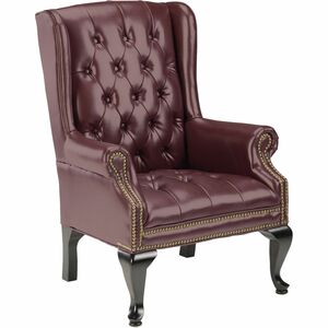 Lorell 777 QA Queen Anne Wing-Back Reception Chair - Burgundy Vinyl Seat - Mahogany Hardwood Frame - Four-legged Base - Oxblood - Wood - 1 Each