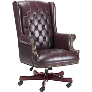 Lorell Traditional Executive Swivel Chair - Oxblood Vinyl Seat - Mahogany Hardwood Frame - 5-star Base - Oxblood - Wood - 1 Each