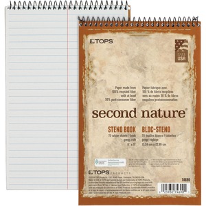 TOPS+Second+Nature+Spiral+Steno+Notebook+-+70+Sheets+-+Spiral+-+0.34%26quot%3B+Ruled+-+15+lb+Basis+Weight+-+6%26quot%3B+x+9%26quot%3B+-+1%26quot%3B+x+6%26quot%3B+x+9%26quot%3B+-+White+Paper+-+Blue%2C+Gray%2C+Brown+Cover+-+Acid-free+-+Recycled+-+4+%2F+Pack
