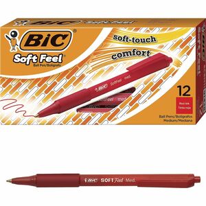 BIC+SoftFeel+Retractable+Ball+Pens+-+0.8+mm+Medium+Pen+Point+-+Retractable+-+Red+Ink+-+Red+Rubber+Barrel+-+1+Dozen