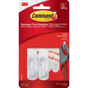 Command+Utility+Hooks+-+2+Small+Hook+-+1+lb+%28453.6+g%29+Capacity+-+Plastic+-+White+-+2+%2F+Pack