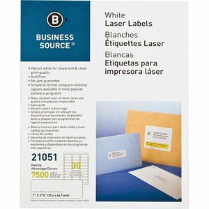 Business+Source+Bright+White+Premium-quality+Address+Labels+-+1%26quot%3B+Width+x+2+5%2F8%26quot%3B+Length+-+Permanent+Adhesive+-+Rectangle+-+Laser%2C+Inkjet+-+White+-+30+%2F+Sheet+-+250+Total+Sheets+-+7500+%2F+Pack+-+Jam-free