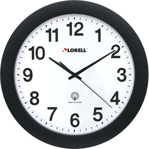Lorell+12%26quot%3B+Round+Radio-Controlled+Wall+Clock+-+Analog+-+Quartz+-+White+Main+Dial+-+Black%2FPlastic+Case