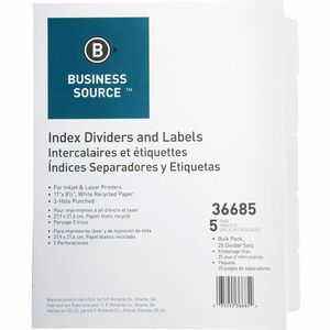 Business+Source+Punched+Laser+Index+Dividers+-+5+Blank+Tab%28s%29+-+8.5%26quot%3B+Divider+Width+x+11%26quot%3B+Divider+Length+-+Letter+-+3+Hole+Punched+-+White+Paper+Divider+-+White+Tab%28s%29+-+Recycled+-+Mylar+Reinforcement%2C+Reinforced%2C+Punched+-+25+%2F+Box
