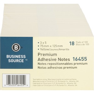 Business+Source+Repositionable+Notes+-+3%26quot%3B+x+5%26quot%3B+-+Rectangle+-+Yellow+-+Repositionable%2C+Solvent-free+Adhesive+-+18+%2F+Pack