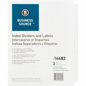 Business+Source+3-Hole+Punched+Laser+Index+Tabs+-+3+Tab%28s%29+-+8.5%26quot%3B+Divider+Width+x+11%26quot%3B+Divider+Length+-+Letter+-+3+Hole+Punched+-+White+Tab%28s%29+-+Recycled+-+Punched%2C+Mylar+Reinforcement+-+25+%2F+Box