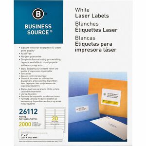 Business+Source+Bright+White+Premium-quality+Address+Labels+-+1%26quot%3B+Width+x+4%26quot%3B+Length+-+Permanent+Adhesive+-+Rectangle+-+Laser%2C+Inkjet+-+White+-+20+%2F+Sheet+-+100+Total+Sheets+-+2000+%2F+Pack+-+Lignin-free%2C+Jam-free