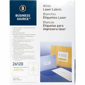 Business+Source+Bright+White+Premium-quality+Address+Labels+-+3+1%2F2%26quot%3B+Width+x+5%26quot%3B+Length+-+Permanent+Adhesive+-+Rectangle+-+Laser%2C+Inkjet+-+White+-+4+%2F+Sheet+-+100+Total+Sheets+-+400+%2F+Pack+-+Lignin-free%2C+Jam-free