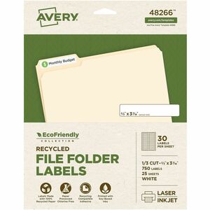 Avery%C2%AE+EcoFriendly+File+Folder+Label+-+21%2F32%26quot%3B+Width+x+3+7%2F16%26quot%3B+Length+-+Permanent+Adhesive+-+Rectangle+-+Inkjet%2C+Laser+-+Matte+White+-+Matte+-+Paper+-+30+%2F+Sheet+-+30+Total+Sheets+-+750+Total+Label%28s%29+-+750+%2F+Pack