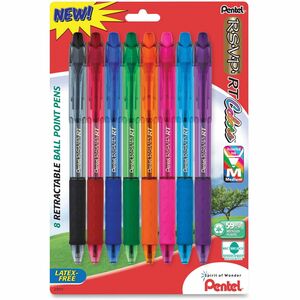 Pentel+Recycled+Retractable+R.S.V.P.+Colors+Pens+-+1+mm+Medium+Pen+Point+-+Refillable+-+Retractable+-+Assorted+Ink+-+Assorted+Barrel+-+Metal%2C+Stainless+Steel+Tip+-+8+%2F+Pack