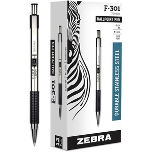 Zebra+STEEL+3+Series+F-301+Retractable+Ballpoint+Pen+-+Bold+Pen+Point+-+1.6+mm+Pen+Point+Size+-+Refillable+-+Retractable+-+Black+-+Stainless+Steel+Barrel+-+1+Dozen