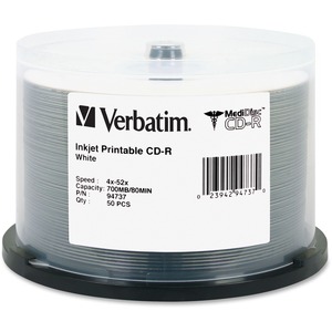 Verbatim MediDisc CD-R 700MB 52X White Inkjet Printable with Branded Hub - 50pk Spindle