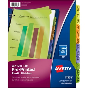 Avery® Preprinted Monthly Tabs Plastic Dividers - 12 x Divider(s) - Jan-Dec - 12 Tab(s)/Set - 8.5