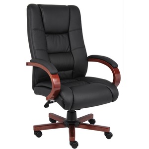Boss CaressoftPlus High-Back Executive Chair - Black Vinyl Seat - Black, Cherry Wood Wood Frame - 5-star Base - 1 Each