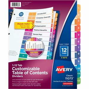 Avery® Customizable Table of Contents Dividers, Ready Index(R) Printable Section Titles, Preprinted 1-12 Multicolor Tabs, 3 Sets (11073)
