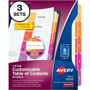 Avery%C2%AE+Ready+Index+5-tab+Dividers+-+15+x+Divider%28s%29+-+1-5+-+5+Tab%28s%29%2FSet+-+8.5%26quot%3B+Divider+Width+x+11%26quot%3B+Divider+Length+-+3+Hole+Punched+-+White+Paper+Divider+-+Multicolor+Paper+Tab%28s%29+-+12+%2F+Carton