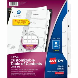 Avery%C2%AE+Ready+Index+Classic+Tab+Binder+Dividers+-+180+x+Divider%28s%29+-+180+Tab%28s%29+-+1-5+-+5+Tab%28s%29%2FSet+-+8.5%26quot%3B+Divider+Width+x+11%26quot%3B+Divider+Length+-+3+Hole+Punched+-+White+Paper+Divider+-+White+Paper+Tab%28s%29+-+Recycled+-+12+%2F+Carton