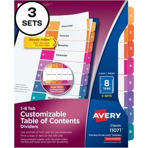Avery%C2%AE+Ready+Index+8-tab+Dividers+-+24+x+Divider%28s%29+-+1-8+-+8+Tab%28s%29%2FSet+-+8.5%26quot%3B+Divider+Width+x+11%26quot%3B+Divider+Length+-+3+Hole+Punched+-+White+Paper+Divider+-+Multicolor+Paper+Tab%28s%29+-+12+%2F+Carton