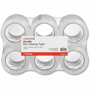 Universal+Packaging+Tape+-+109+yd+Length+x+1.88%26quot%3B+Width+x+1.7+mil+Thickness+-+3%26quot%3B+Core+-+Clear+-+Acrylic+-+Plastic+Backing+-+12+%2F+Pack