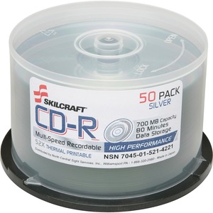 SKILCRAFT%C2%AE+CD+Recordable+Media+-+CD-R+-+52x+-+700+MB+-+1+-+Silver+-+120mm+-+Printable+-+Thermal+Print+Technology+-+1.33+Hour+Maximum+Recording+Time