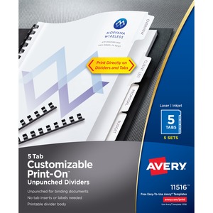 Avery® Unpunched Print-On Dividers - 25 x Divider(s) - Print-on Tab(s) - 5 - 5 Tab(s)/Set - 8.5