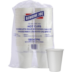 Genuine Joe Polyurethane-lined Disposable Hot Cups - 12 fl oz - 50 / Pack - White - Polyurethane - Beverage, Hot Drink