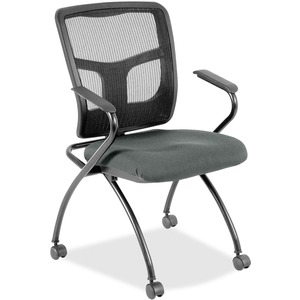 Lorell Mesh Back Fabric Seat Nesting Chairs - Expo Fog Fabric Seat - Powder Coated Metal Frame - Four-legged Base - Black - Mesh - Armrest - 2 / Carton