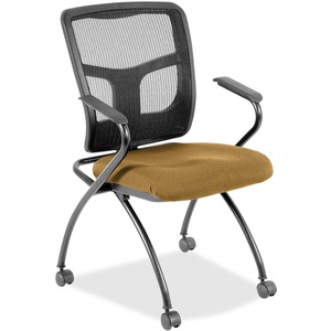 Lorell Ergomesh Nesting Chairs with Arms - Canyon Nugget Antimicrobial Vinyl Seat - Black Mesh Back - Gray Metal Frame - Four-legged Base - Armrest - 2 / Carton