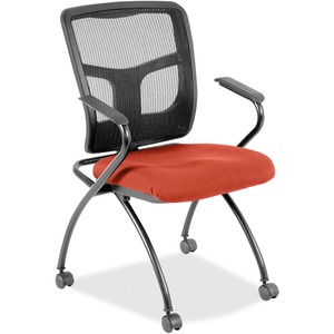 Lorell Mesh Back Fabric Seat Nesting Chairs - Simplicity Wine Fabric Seat - Powder Coated Metal Frame - Four-legged Base - Black - Mesh - Armrest - 2 / Carton
