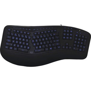 Adesso Color Illuminated Ergonomic Keyboard - Cable Connectivity - USB Interface - 105 Key Media Player, Internet, Multimedia, Play/Pause, Stop, Previous Track, Next Track, Volume Down, Volume Up, Mute, Home Page, ... Hot Key(s) - English (US) - Computer - Windows - Membrane Keyswitch - Black
