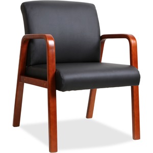 Lorell+Upholstered+Guest+Chair+-+Black+Bonded+Leather+Seat+-+Black+Bonded+Leather+Back+-+Cherry+Solid+Wood+Frame+-+Four-legged+Base+-+Armrest+-+1+Each