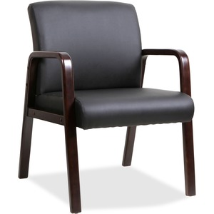 Lorell Black Leather Wood Frame Guest Chair - Black Bonded Leather Seat - Black Bonded Leather Back - Espresso Solid Wood Frame - Four-legged Base - Armrest - 1 Each