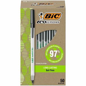 BIC+Ecolutions+Round+Stic+Ball+Point+Pen+-+1+mm+Medium+Pen+Point+-+Refillable+-+Black+Ink+-+Frost+Polypropylene%2C+Translucent+Plastic+Barrel+-+50+%2F+Box