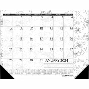 House of Doolittle Doodle Monthly Desk Pad - Julian Dates - Monthly - 12 Month - January 2022 till December 2022 - 1 Month Single Page Layout - Desk Pad - Black/White - Paper - 13