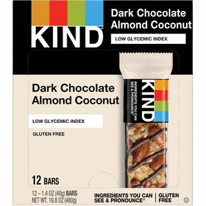 KIND Dark Chocolate Almond/Coconut Snack Bar - Gluten-free, Non-GMO, Sodium-free, Cholesterol-free, Fat-free, Individually Wrapped - Dark Chocolate, Almond, Coconut - Box - 1.40 oz - 12 / Box