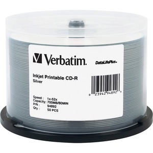 Verbatim CD-R 700MB 52X DataLifePlus Silver Inkjet Printable - 50pk Spindle - Printable - 
