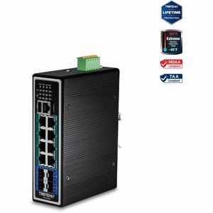 TRENDnet 12-Port Hardened Industrial Gigabit PoE+ Layer 2+ Managed DIN-Rail Switch, 240W Power Budget, Hardened IP30 Network Ethernet Gigabit PoE+ Switch, Lifetime Protection, Black, TI-PG1284i