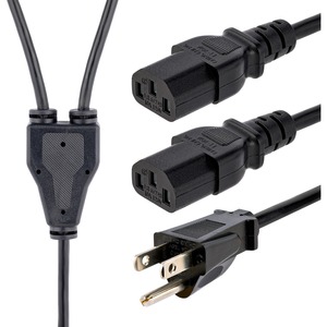 StarTech.com 10ft (3m) Computer Power Y Cord, NEMA 5-15P to C13, 10A 125V, 18AWG, Black Replacement PC Power Cord, TV/Monitor Power Cable - 10ft (3m) 18AWG flexible computer power Y cable w/ NEMA 5-15P and 2x IEC 60320 C13 connectors; Rated for 125V 10A; UL listed (UL62/UL817); Fully molded ends; 100% Copper Wire; Fire Rating: VW-1; Jacket Rating: SVT; Jacket Material: PVC