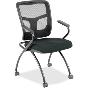 Lorell Ergomesh Nesting Chairs with Arms - Dillon Black Antimicrobial Vinyl Seat - Black Mesh Back - Gray Powder Coated Metal Frame - Four-legged Base - Armrest - 2 / Carton