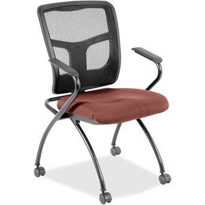 Lorell Ergomesh Nesting Chairs with Arms - Dillon Cordovan Antimicrobial Vinyl Seat - Black Mesh Back - Gray Powder Coated Metal Frame - Four-legged Base - Armrest - 2 / Carton