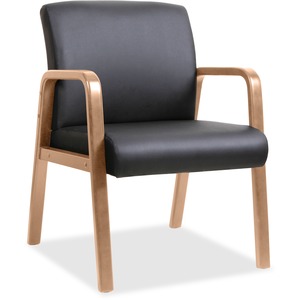 Lorell Guest Chair - Black Bonded Leather Seat - Black Bonded Leather Back - Solid Wood, Rubberwood Frame - Four-legged Base - Walnut - Armrest - 1 Each