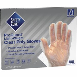 Safety+Zone+Clear+Powder+Free+Polyethylene+Gloves+-+Medium+Size+-+Clear+-+Die+Cut%2C+Heat+Sealed+Edge%2C+Embossed+Grip%2C+Latex-free%2C+Silicone-free%2C+Recyclable+-+For+Food+-+100+%2F+Pack+-+11.75%26quot%3B+Glove+Length