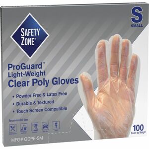 Safety+Zone+Clear+Powder+Free+Polyethylene+Gloves+-+Small+Size+-+Clear+-+Die+Cut%2C+Heat+Sealed+Edge%2C+Embossed+Grip%2C+Latex-free%2C+Silicone-free%2C+Recyclable+-+For+Food+-+100+%2F+Pack+-+11.75%26quot%3B+Glove+Length