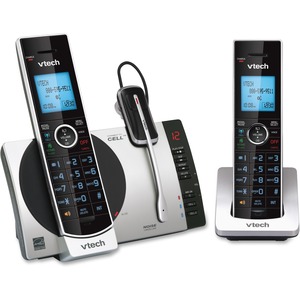 VTech+Connect+to+Cell+DS6771-3+DECT+6.0+Cordless+Phone+-+Black%2C+Silver+-+Cordless+-+Corded+-+1+x+Phone+Line+-+2+x+Handset+-+Speakerphone+-+Answering+Machine+-+Hearing+Aid+Compatible